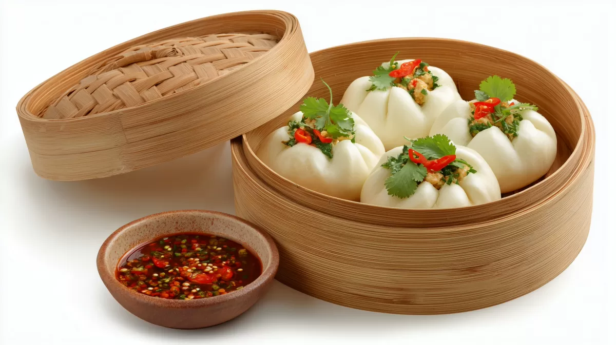 Gedämpfte Banh Bao mit Tofu-Füllung im Bambus
