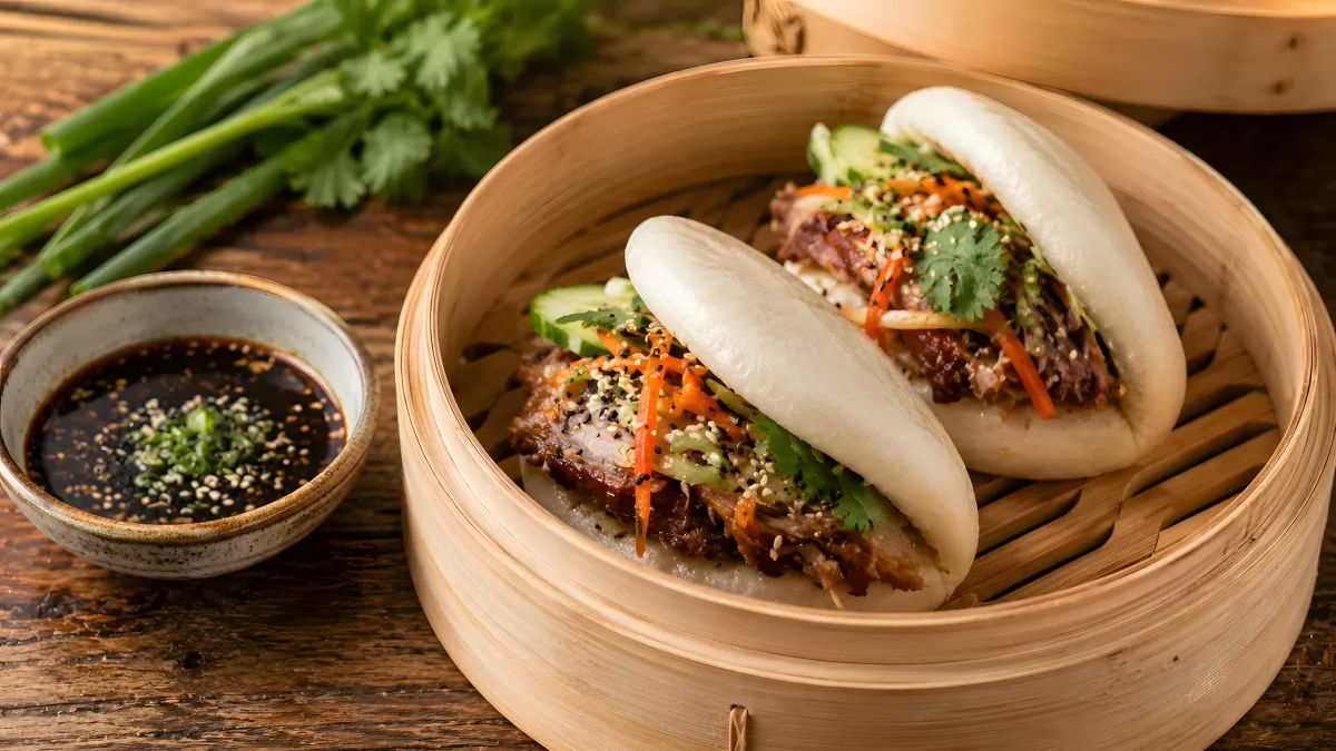 Gedämpfte Bao-Buns mit Fleischfüllung im Bambuskorb