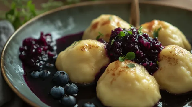 Gedämpfte Klusen mit Blaubeerenkompott, traditionelles Dessert