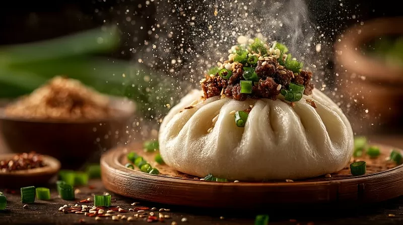 Gedämpfter Bao mit Fleischfüllung und Frühlingszwiebeln in Action