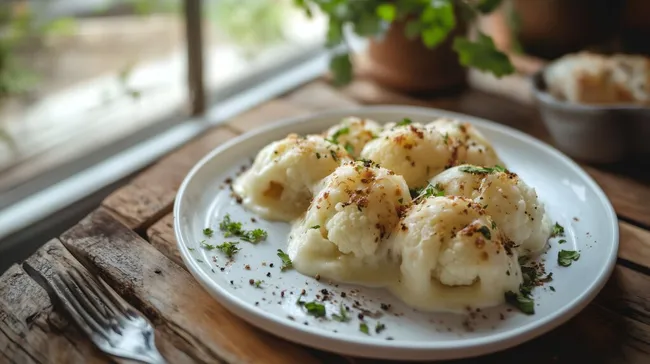 Gedämpfter Blumenkohl mit Käsesoße auf Holztisch