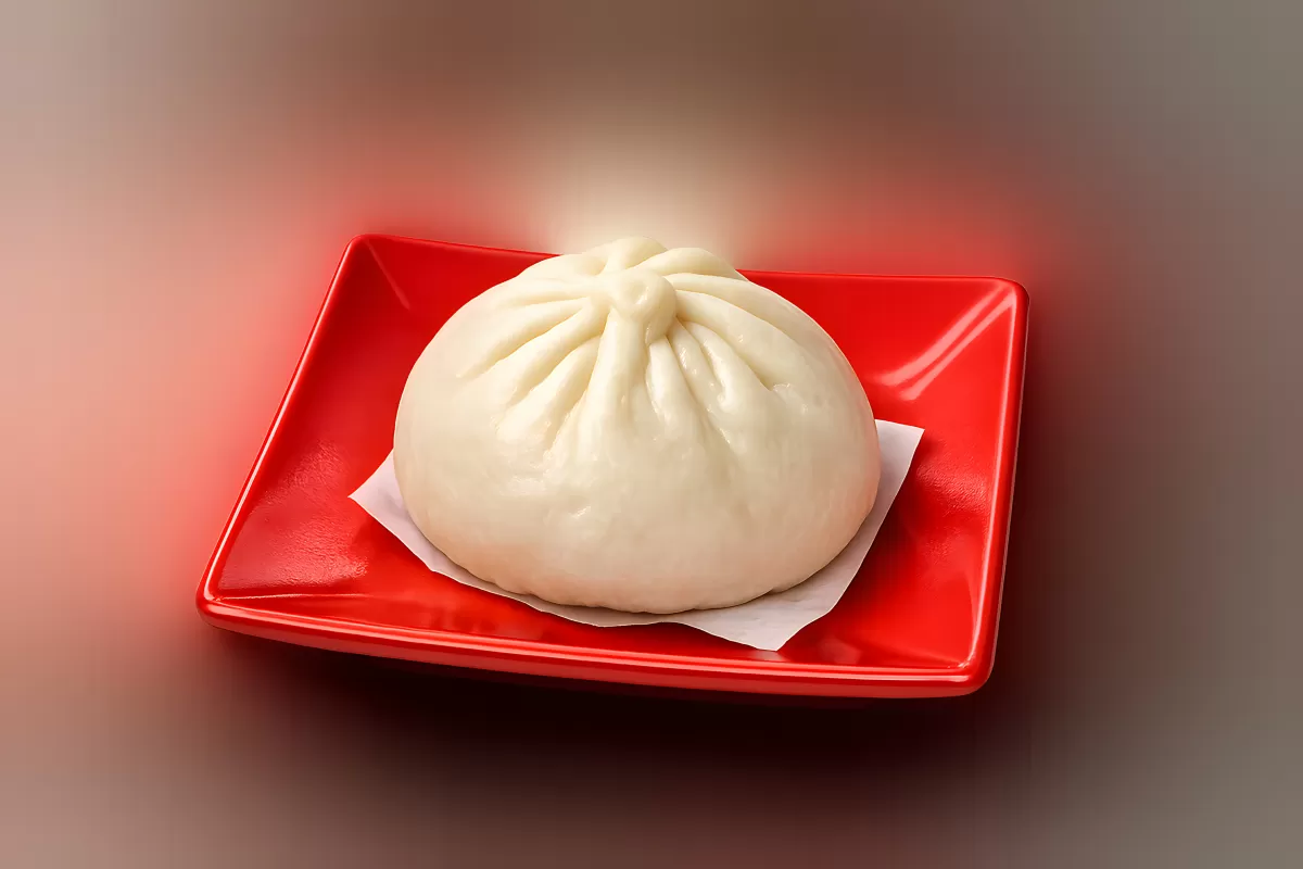 Gedämpftes Baozi auf rotem Teller – asiatisches Gebäck