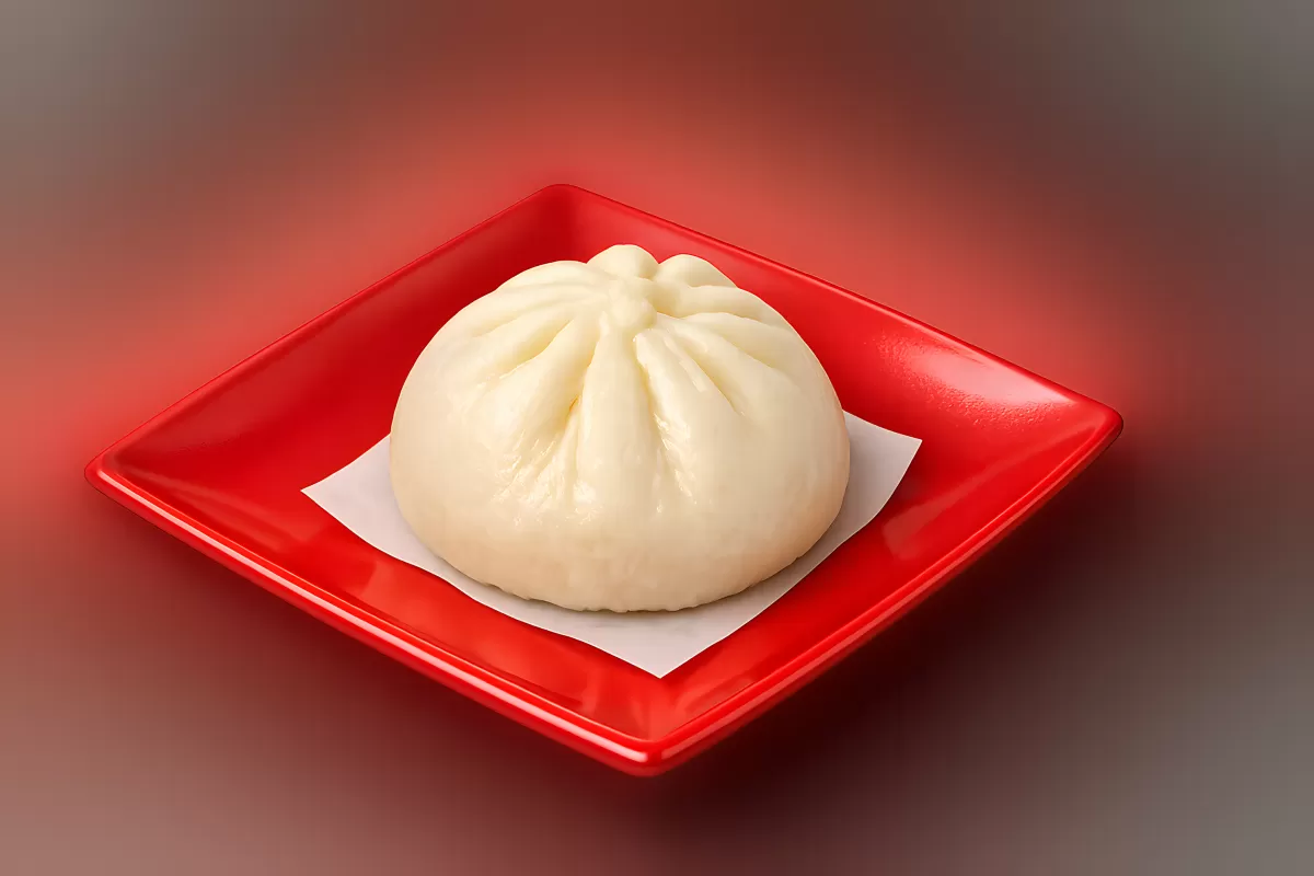 Gedämpftes Baozi auf rotem Teller – Nahaufnahme