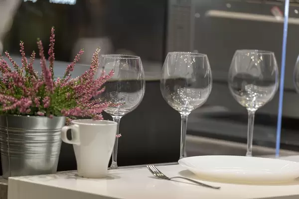 Gedeckter Tisch mit Weingläsern und einer Topfpflanze im Blecheimer