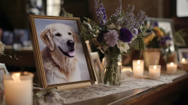 Gedenken an geliebten Haushund mit Blumen und Kerzen