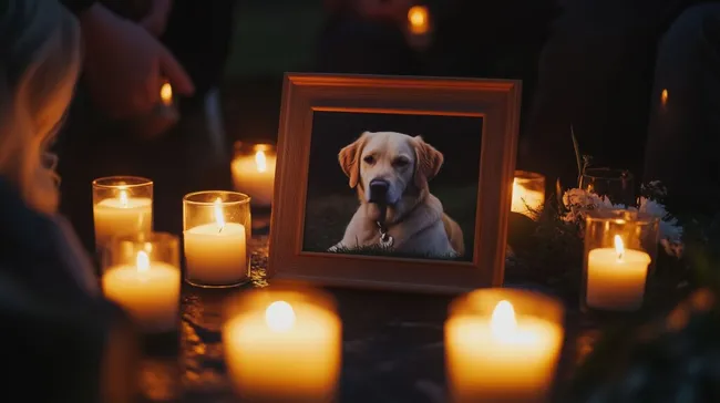 Gedenken an verstorbenen Hund mit Kerzen und Foto