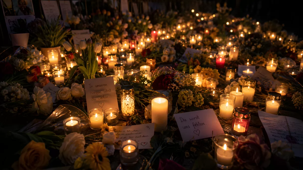Gedenkstätte mit Kerzen und Blumen bei Nacht