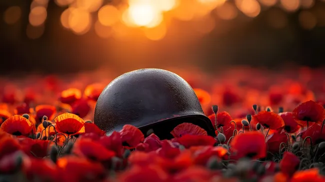 Gedenkstätte mit Mohnblumen und Militärhelm im Sonnenuntergang