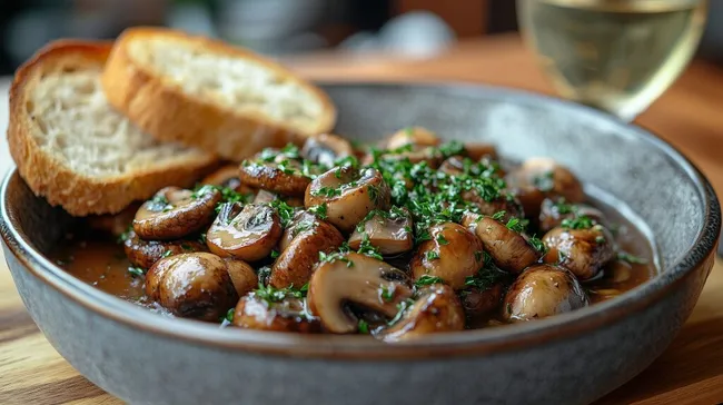 Gedünstete Champignons in Kräuterbutter mit knusprigem Brot