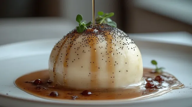Gedünsteter Germknödel mit Mohnsamenkruste und Vanillesoße