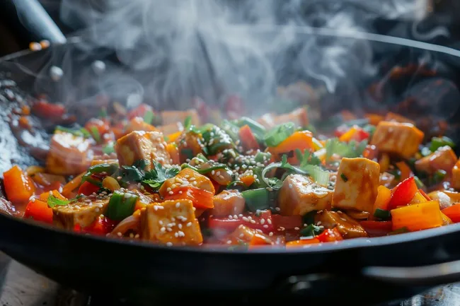 Gedünstetes asiatisches Gemüsegericht in Pfanne