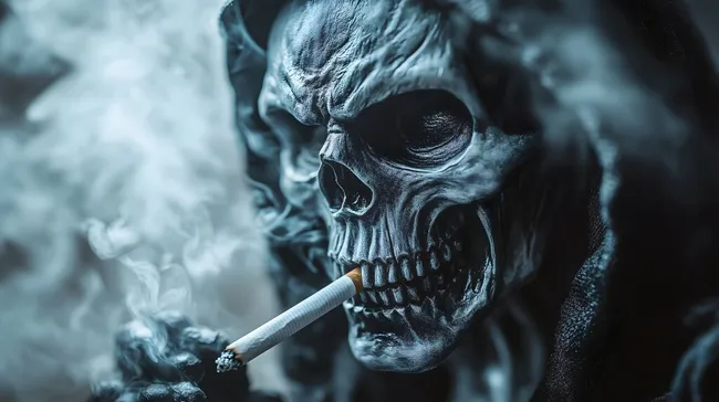Gefährliches Skelett mit Zigarette - Warnbild zum Thema Rauchen