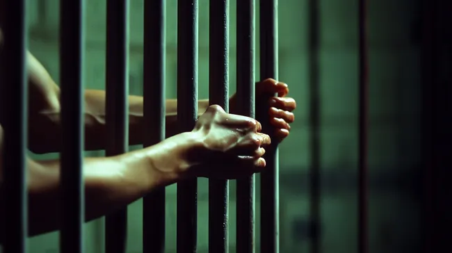 Gefängnisgitter mit umklammerter Hand in düsterem Licht