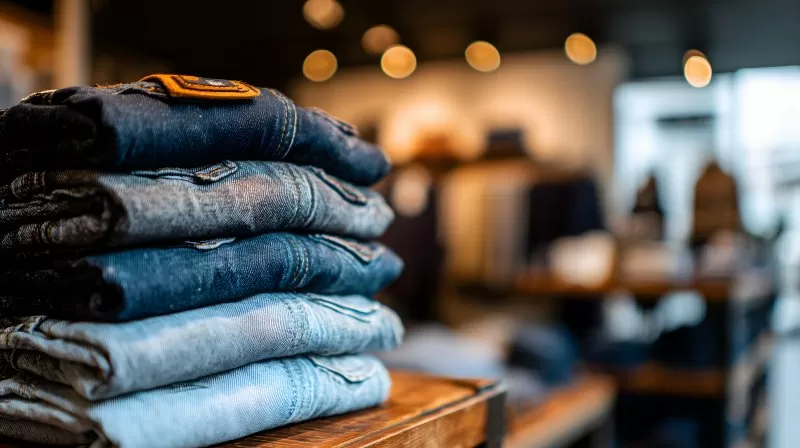 Gefaltete Jeanshosen gestapelt in moderner Boutique