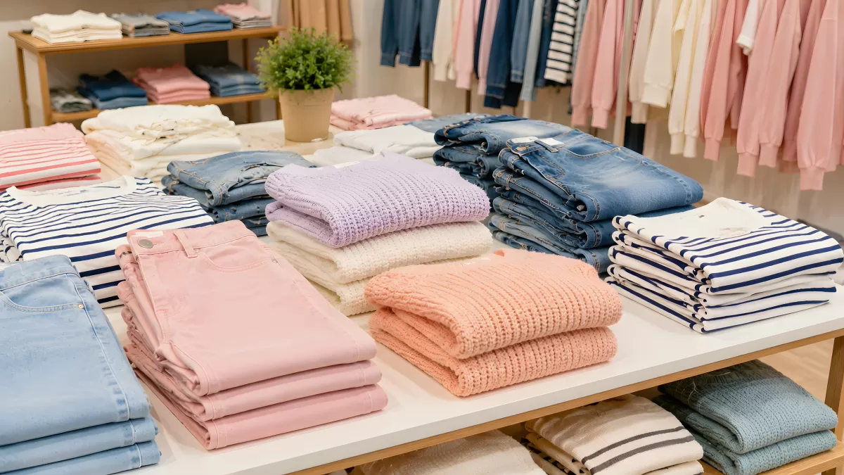 Gefaltete Kleidung in Pastellfarben im Modegeschäft