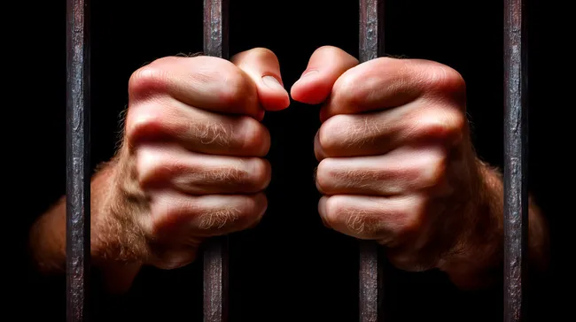 Gefangene Hände hinter Gitterstäben im Schatten