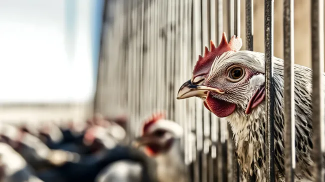 Gefangenes Huhn im Käfig der Massentierhaltung