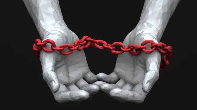 Gefesselte Hände mit roten Ketten - Konzept für Freiheit und Gefangenschaft