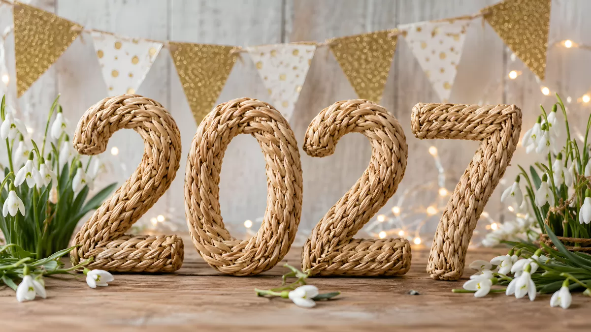 Geflochtene Jahreszahl 2027 mit Schneeglöckchen
