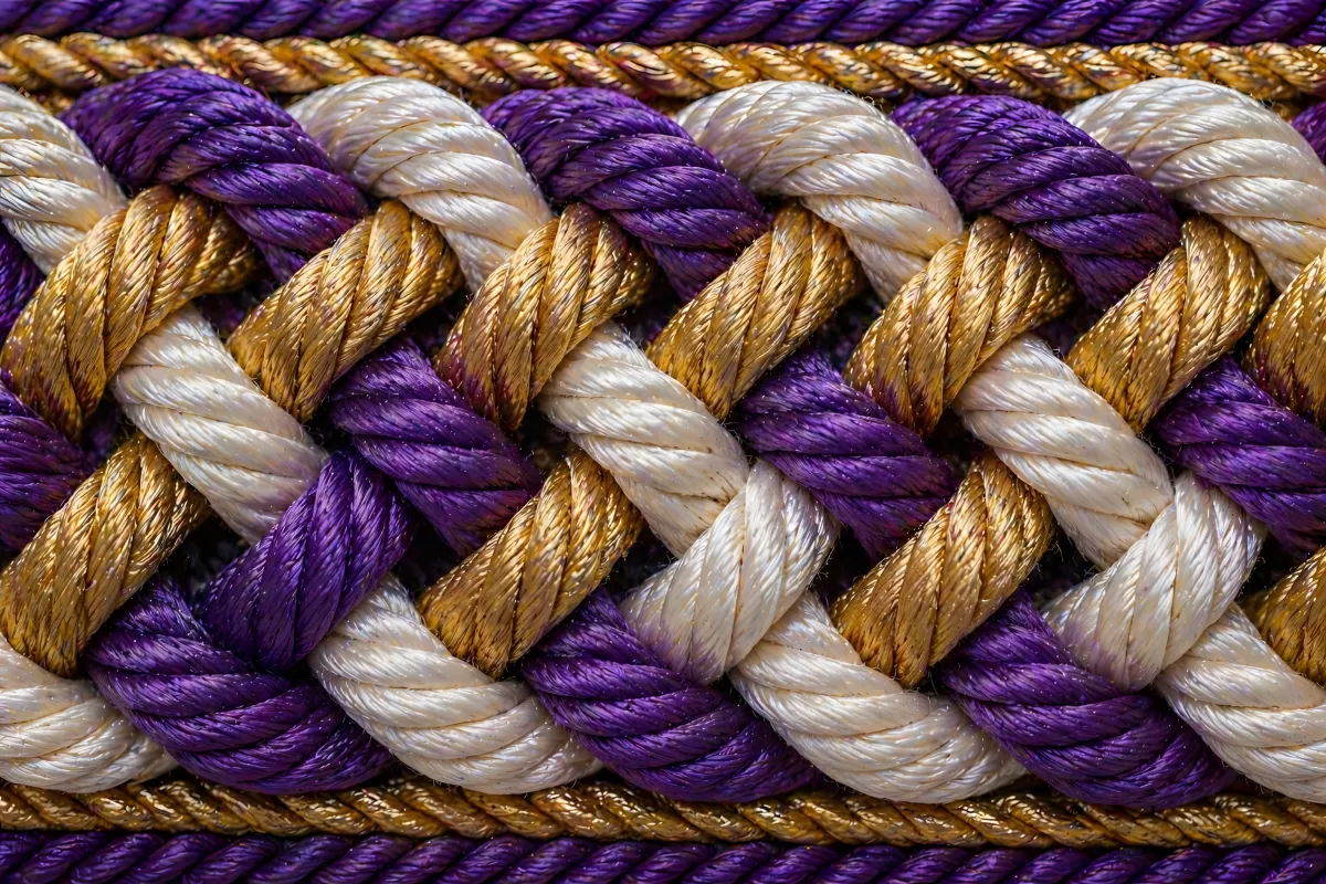 Geflochtene Seile in Lila Gold und Weiß – Nahaufnahme