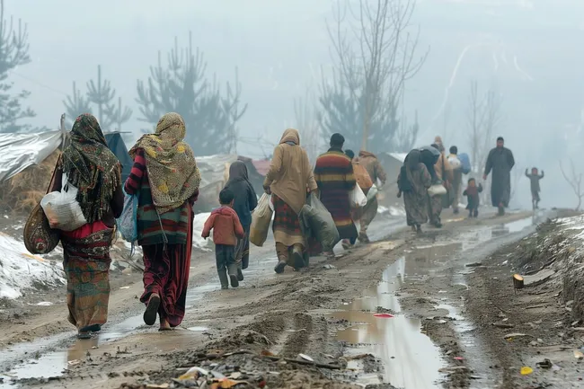 Geflüchtete auf beschwerlichem Weg durch Schnee und Matsch