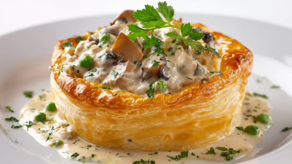 Geflügelragout im Blätterteig mit Pilzen und Erbsen