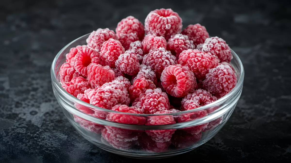 Gefrorene Himbeeren in einer Glasschüssel