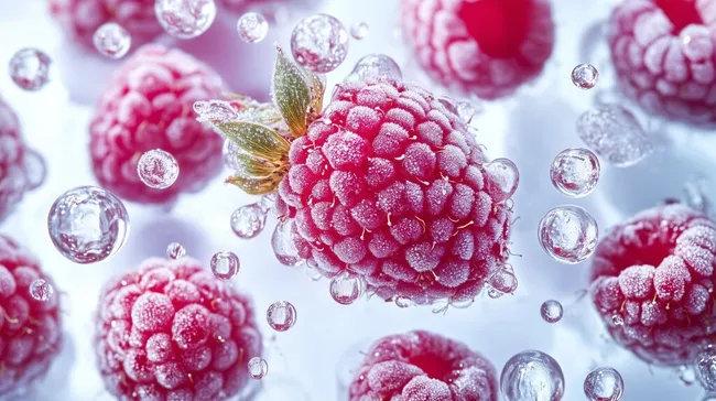 Gefrorene Himbeeren schweben in Eisnebel