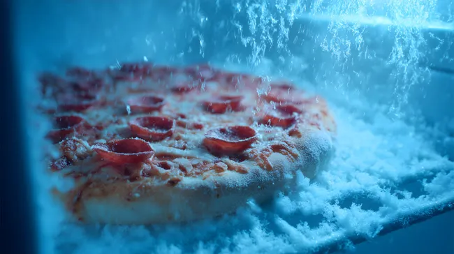 Gefrorene Pizza mit Eispartikelkristallen