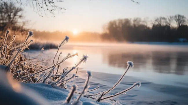 Gefrorener See mit winterlicher Uferlandschaft