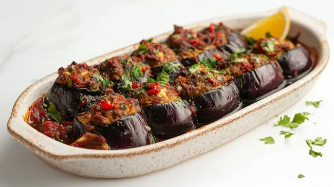 Gefüllte Auberginen in rustikaler Auflaufform