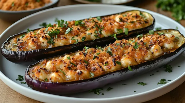 Gefüllte Auberginen mit Käsekruste - vegetarisches Ofengericht