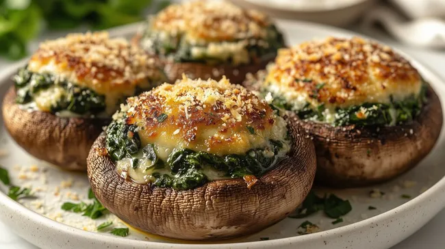 Gefüllte Champignons mit Spinat und knuspriger Käsekruste