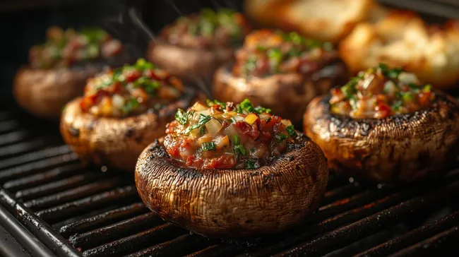 Gefüllte Champignons mit würzigem Gemüsetatar auf Grillrost