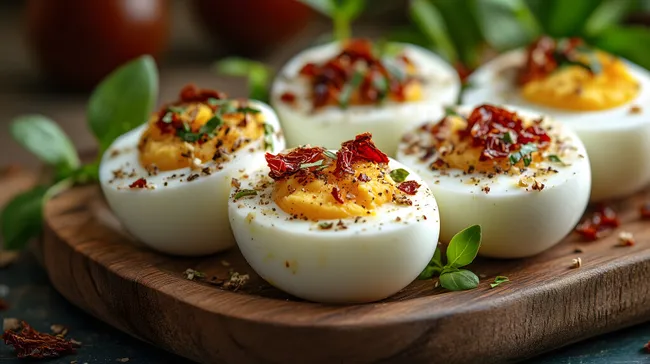 Gefüllte Eier mit getrockneten Tomaten und Kräutern