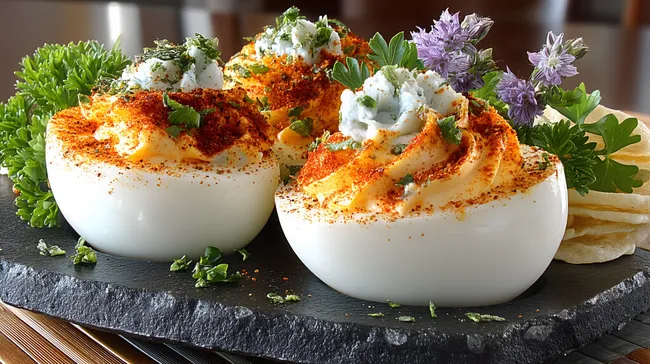 Gefüllte Eier mit würzigen Kräutern auf schiefergrauem Teller