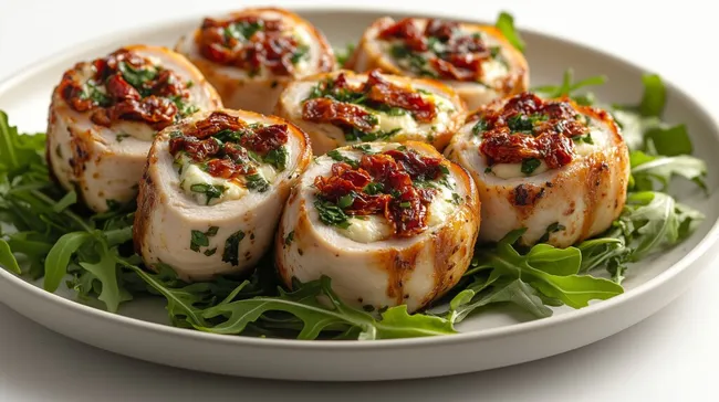 Gefüllte Geflügelrouladen mit getrockneten Tomaten und Rucola