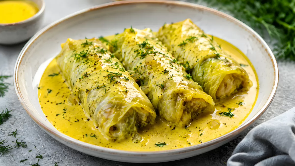 Gefüllte Kohlrouladen in gelber Buttersauce