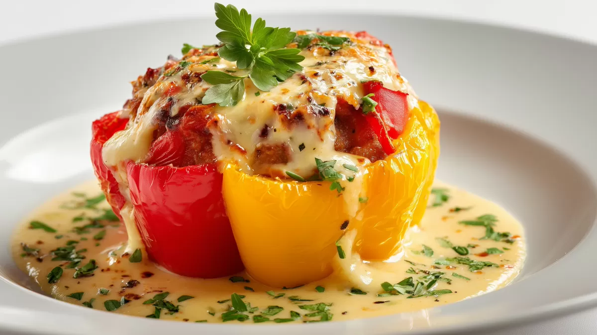 Gefüllte Paprika im Ofen mit Käse überbacken