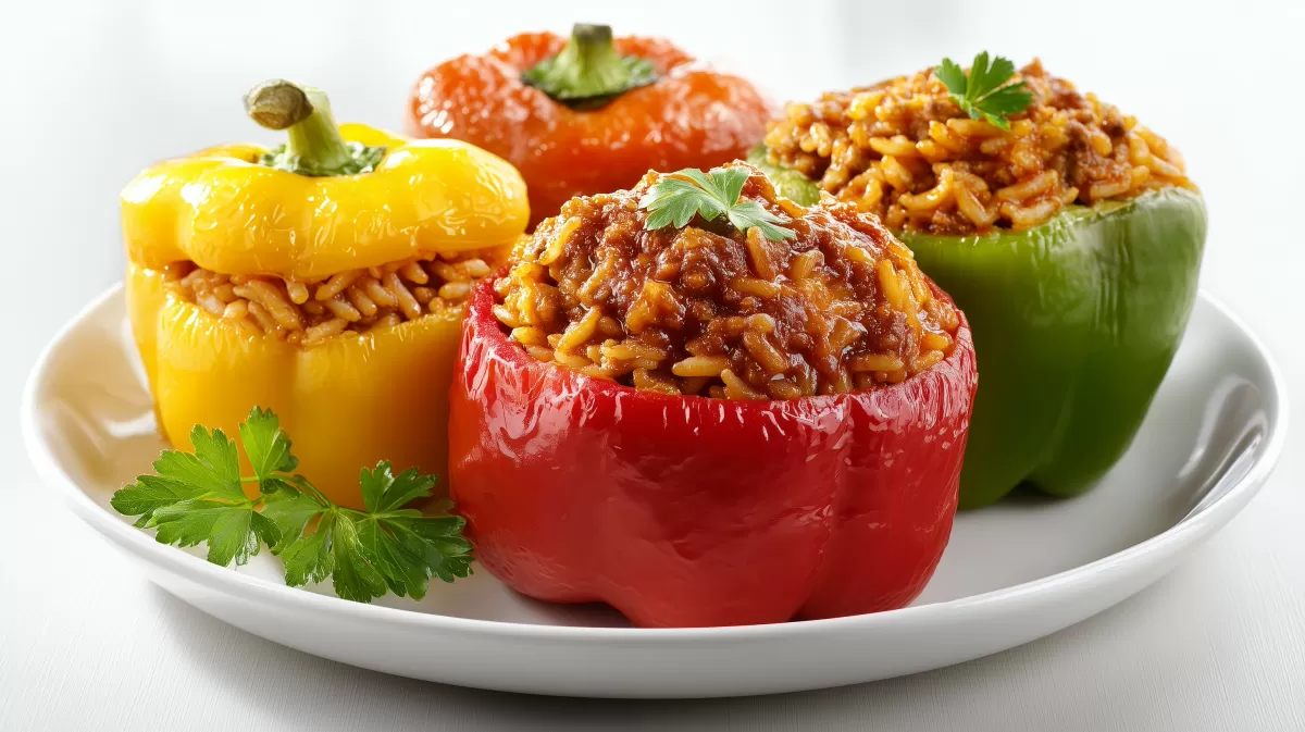 Gefüllte Paprika mit Hackfleisch photorealistisch auf Teller