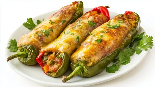 Gefüllte Paprikaschoten auf Teller - appetitliches Gericht