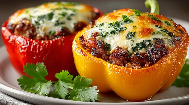 Gefüllte Paprikaschoten mit Hackfleisch und Käse überbacken