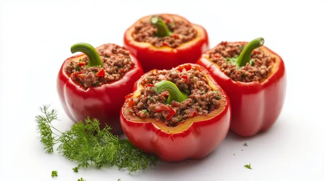 Gefüllte rote Paprika mit Hackfleisch auf weißem Hintergrund