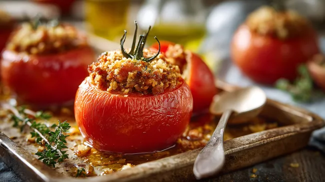 Gefüllte Tomaten mit Kräutern auf rustikalem Blech