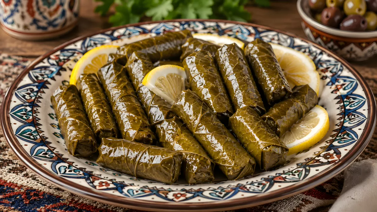 Gefüllte Weinblätter auf orientalischem Teller mit Zitrone