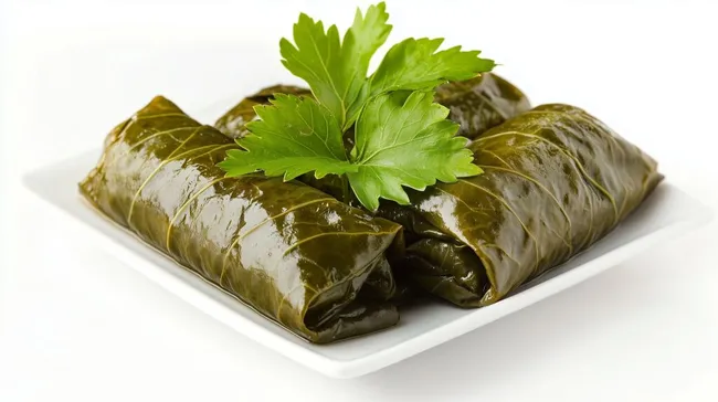 Gefüllte Weinblätter auf weißem Teller