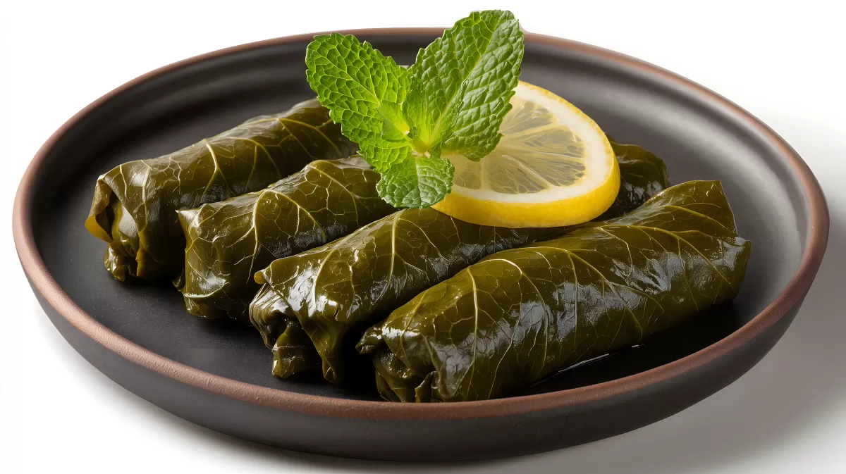 Gefüllte Weinblätter mit Zitrone auf rustikalem Teller