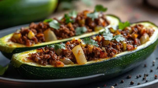 Gefüllte Zucchini-Hälften mit würziger Hackfleisch-Füllung