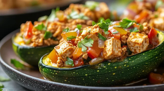 Gefüllte Zucchini mit Tofu und Gemüse - veganes Gericht