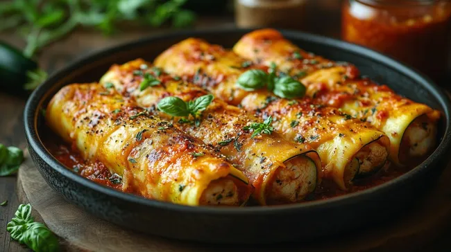 Gefüllte Zucchini-Röllchen in Tomatensoße
